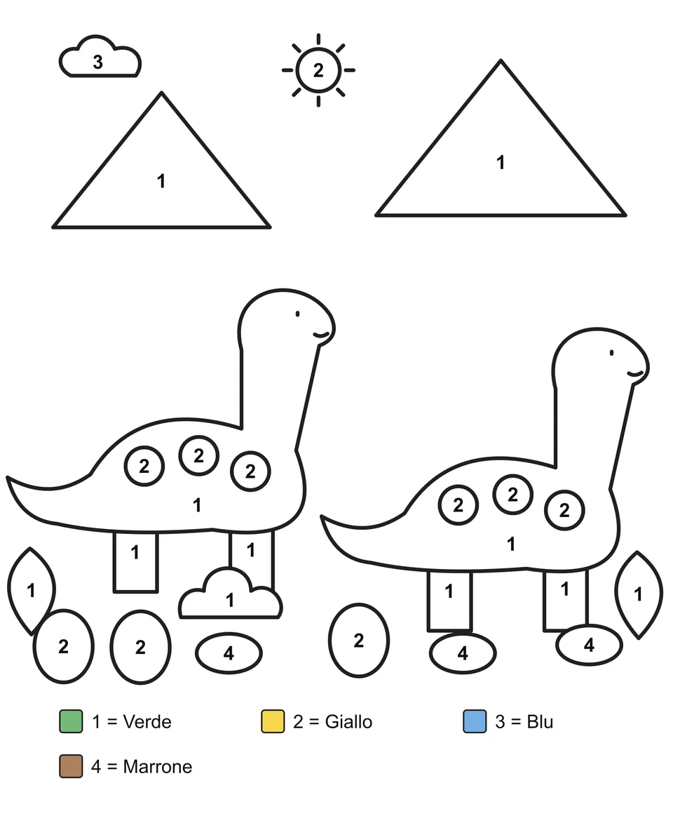 Disegno da colorare con i numeri: Due dinosauri dal collo lungo tra montagne, uova e piante.