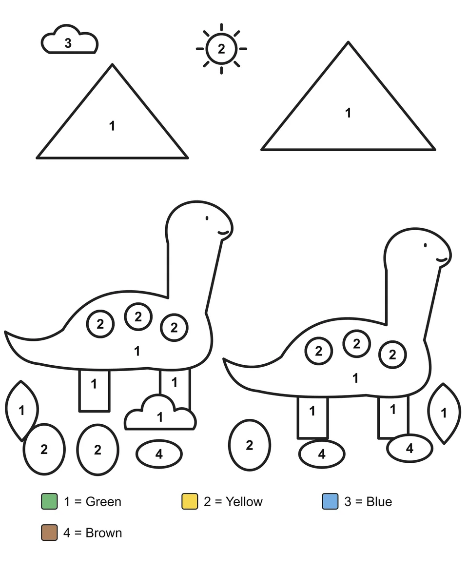 Numbered coloring sheet: Two long-necked dinosaurs among mountains, eggs and plants.