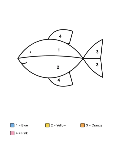 A fish with fins and a divided tail, with numbered areas and a written color key.