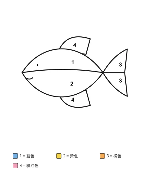 一條帶有魚鰭、尾巴分成上下兩部分的小魚，各區塊標有數字，下方附有寫明顏色名稱的色號表。