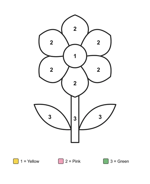 A flower with six petals and two leaves, with numbered areas and a written color key.
