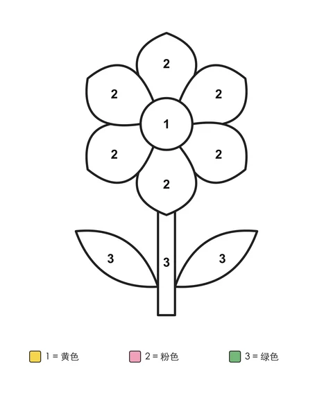 一朵有六片花瓣和两片叶子的花，各区域标有数字，下方有写明颜色名称的色号表。