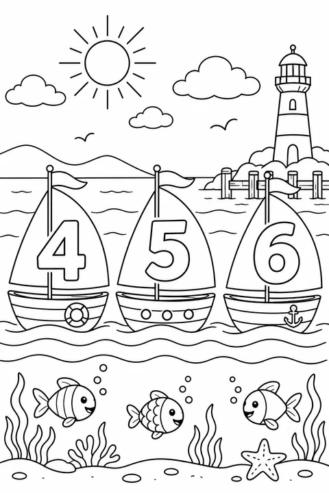 Three sailboats display the numbers 4, 5 and 6 in a seaside scene.