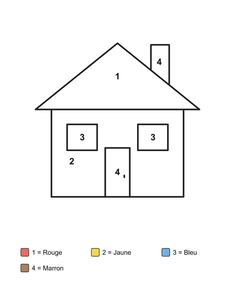 Une maison avec une cheminée, deux fenêtres et une porte, avec des zones numérotées et un code couleur écrit.