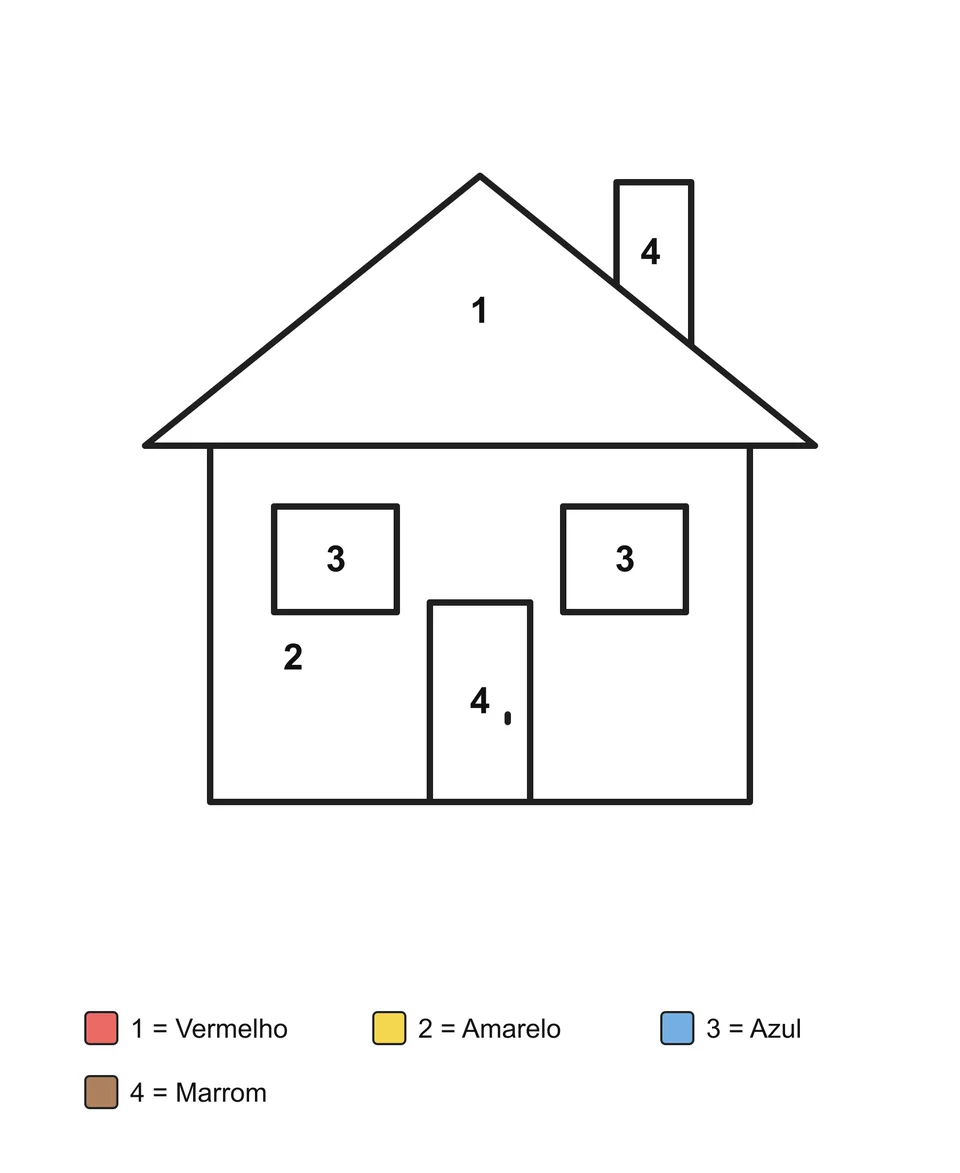 Uma casa com chaminé, duas janelas e uma porta, com áreas numeradas e legenda com os nomes das cores.