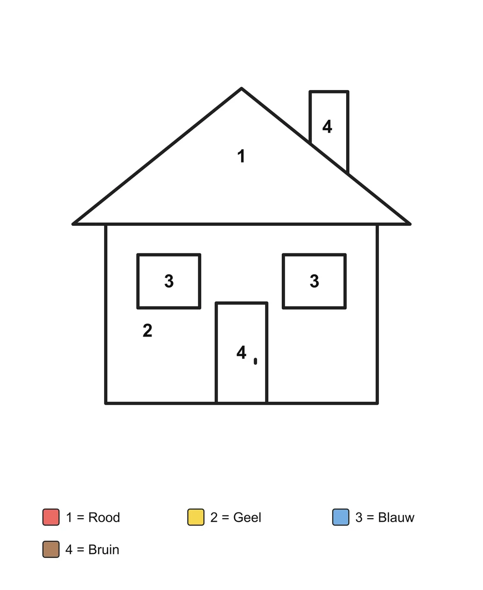 Een huis met een schoorsteen, twee ramen en een deur, met genummerde vakken en een kleurensleutel met kleurnamen.