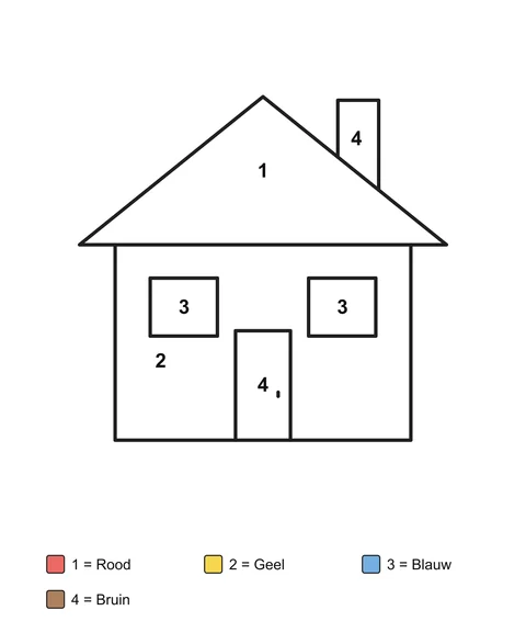 Een huis met een schoorsteen, twee ramen en een deur, met genummerde vakken en een kleurensleutel met kleurnamen.