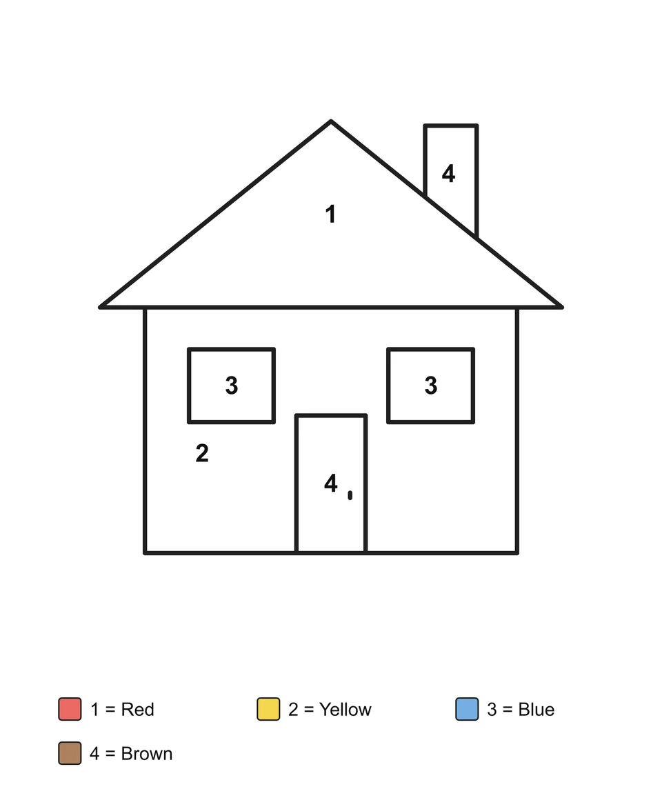 A house with a chimney, two windows and a door, with numbered areas and a written color key.