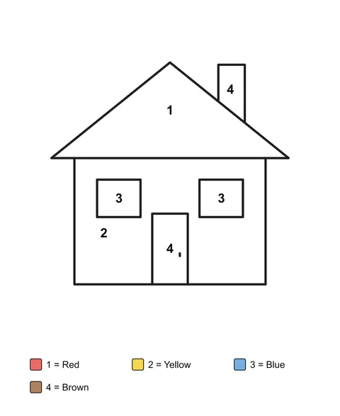 A house with a chimney, two windows and a door, with numbered areas and a written color key.