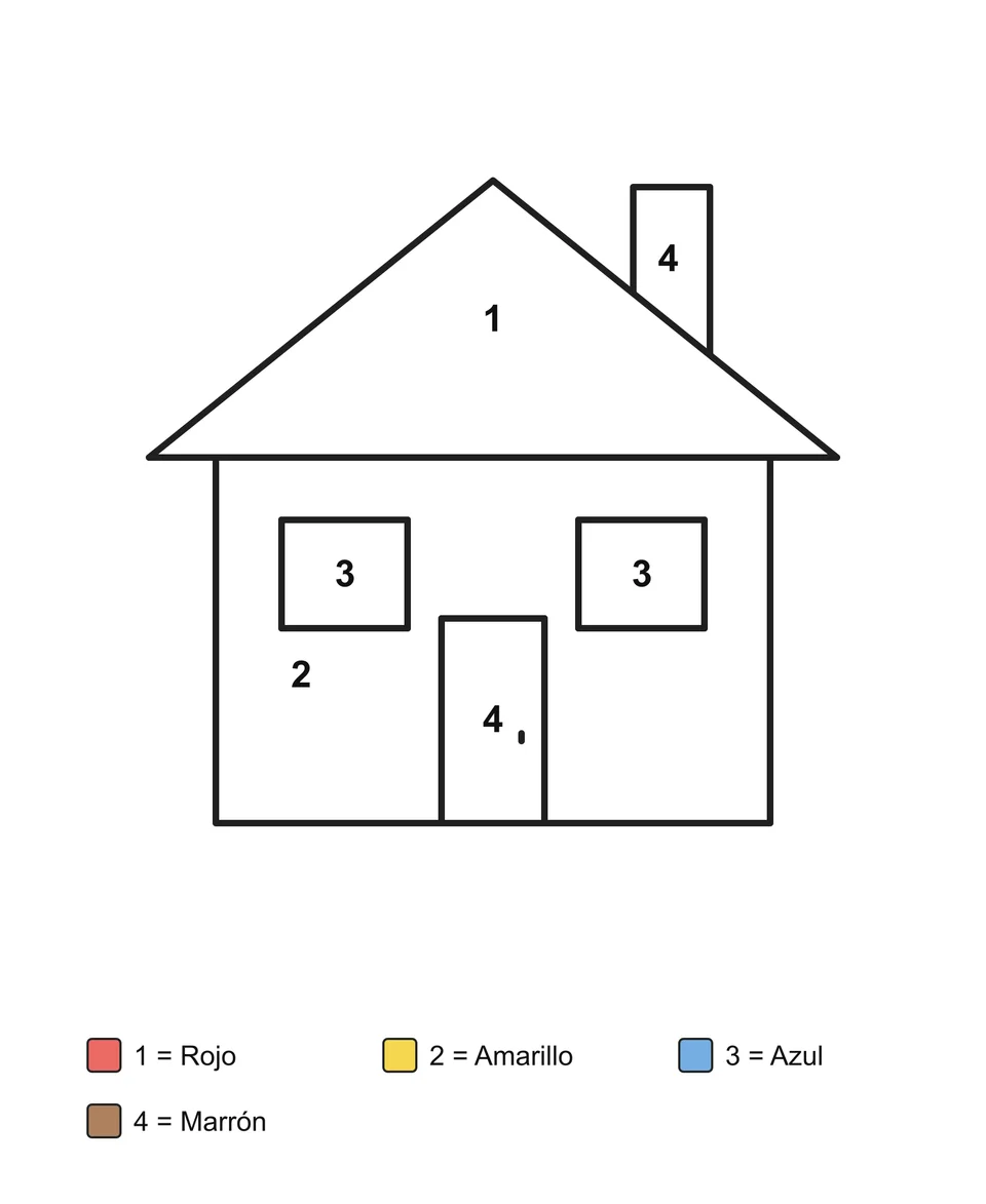 Una casa con chimenea, dos ventanas y una puerta, con zonas numeradas y una clave de colores escrita.