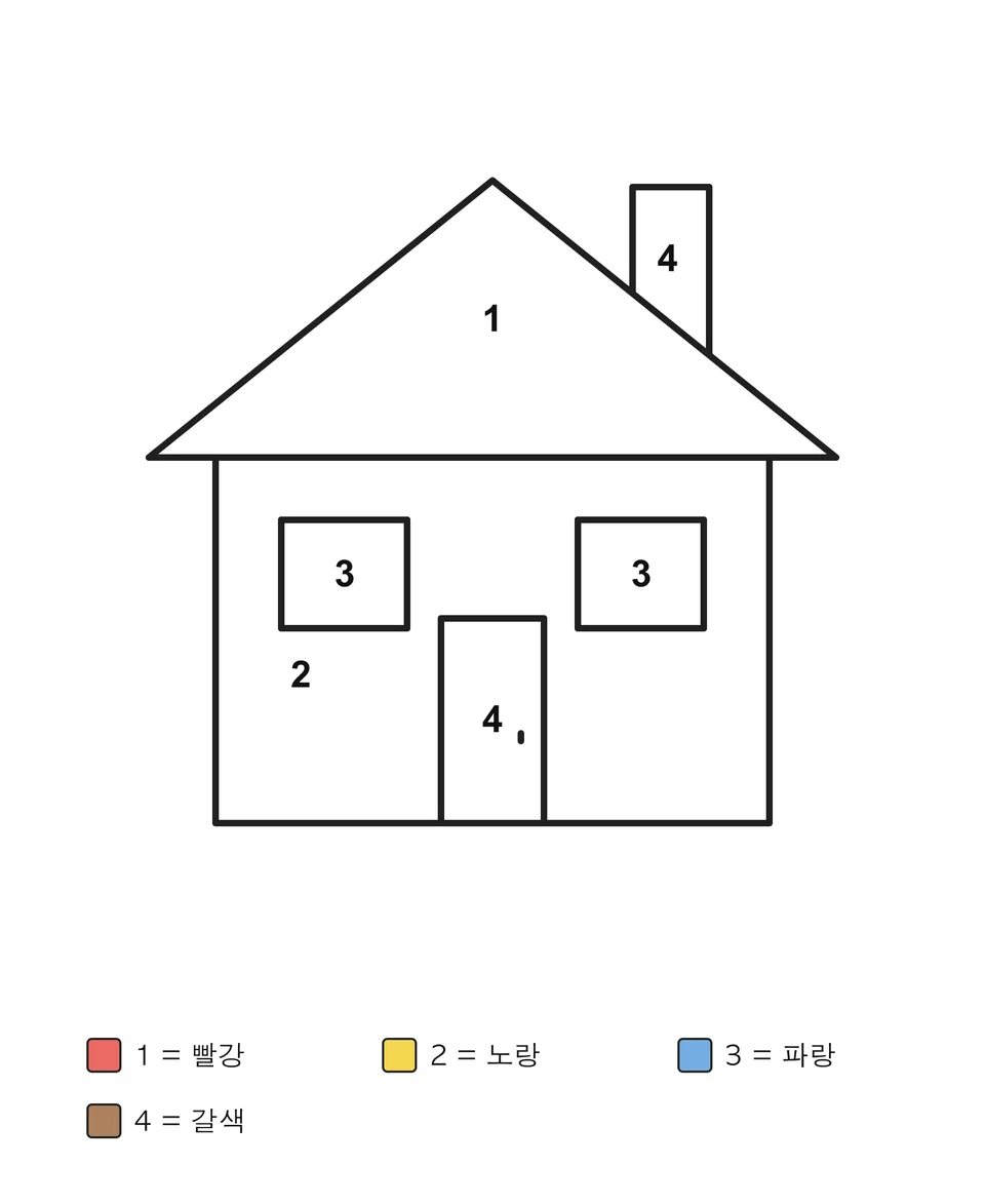 굴뚝과 창문 두 개, 문이 있는 집. 각 구역에 숫자가 있고 아래 색상표에 색 이름이 적혀 있어요.
