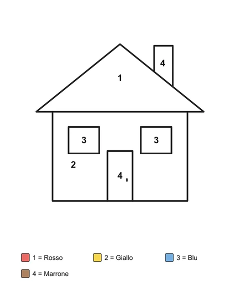 Una casa con un camino, due finestre e una porta, con zone numerate e una legenda con i nomi dei colori.