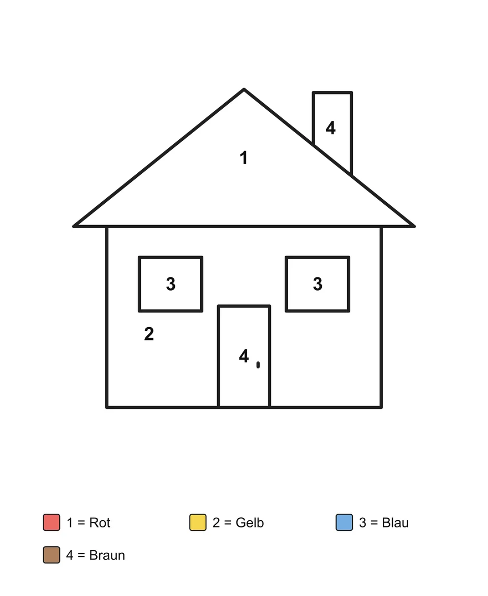 Ein Haus mit Schornstein, zwei Fenstern und einer Tür, mit nummerierten Feldern und ausgeschriebenen Farbnamen.
