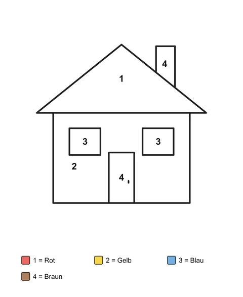 Ein Haus mit Schornstein, zwei Fenstern und einer Tür, mit nummerierten Feldern und ausgeschriebenen Farbnamen.