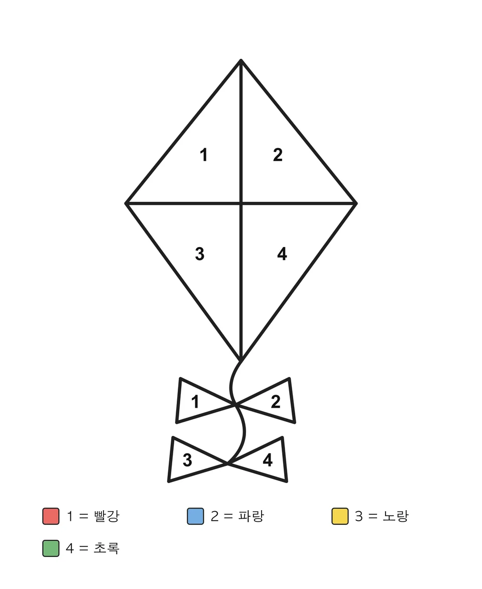 네 구역으로 나뉜 마름모 모양의 연과 리본이 달린 꼬리. 각 구역에 숫자가 있고 아래 색상표에 색 이름이 적혀 있어요.