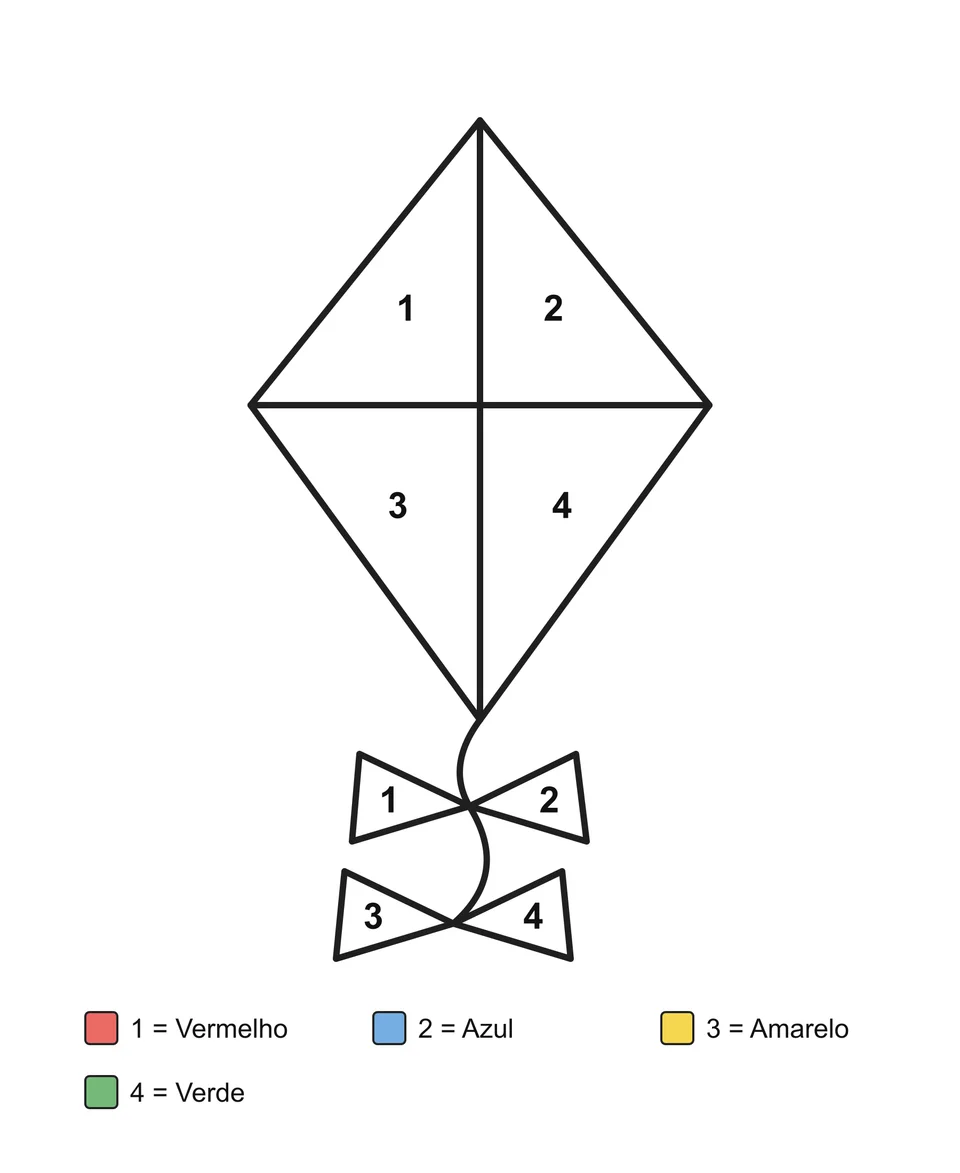 Uma pipa em forma de losango dividida em quatro áreas, com laços na rabiola, com áreas numeradas e legenda com os nomes das cores.