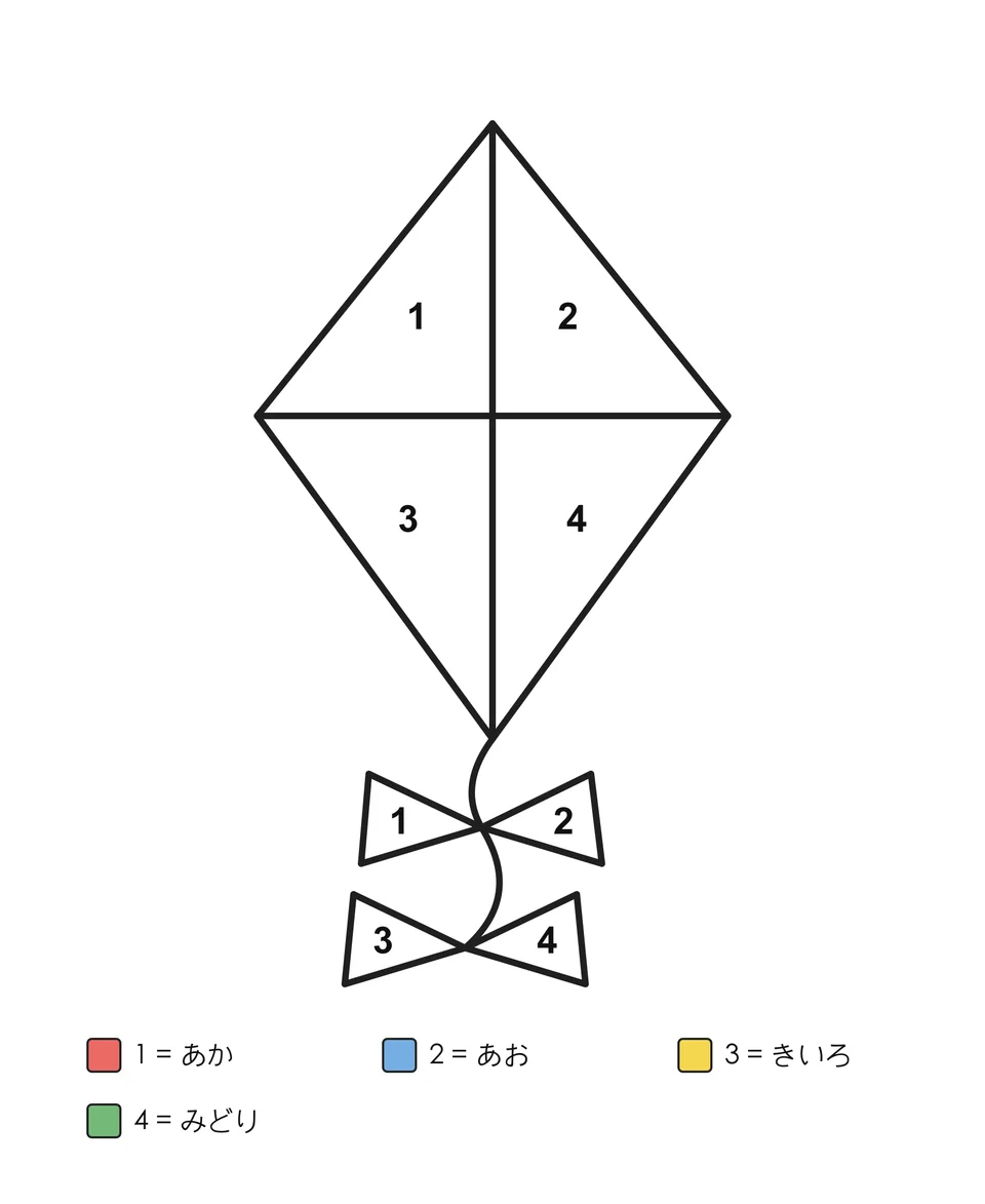 4つの区画に分かれ、しっぽにリボンが付いたひし形のたこ。各部分に数字が入り、数字に対応する色の名前が下に書かれています。