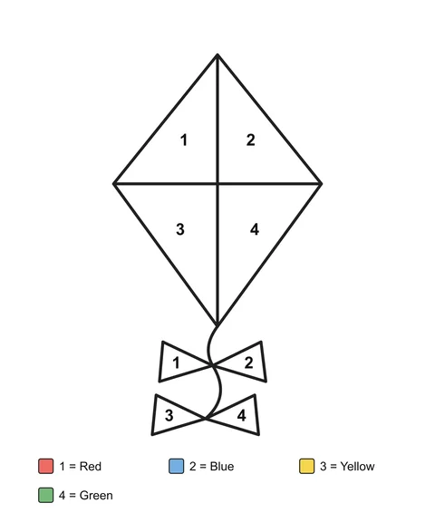A diamond-shaped kite divided into four sections, with bows on its tail, with numbered areas and a written color key.