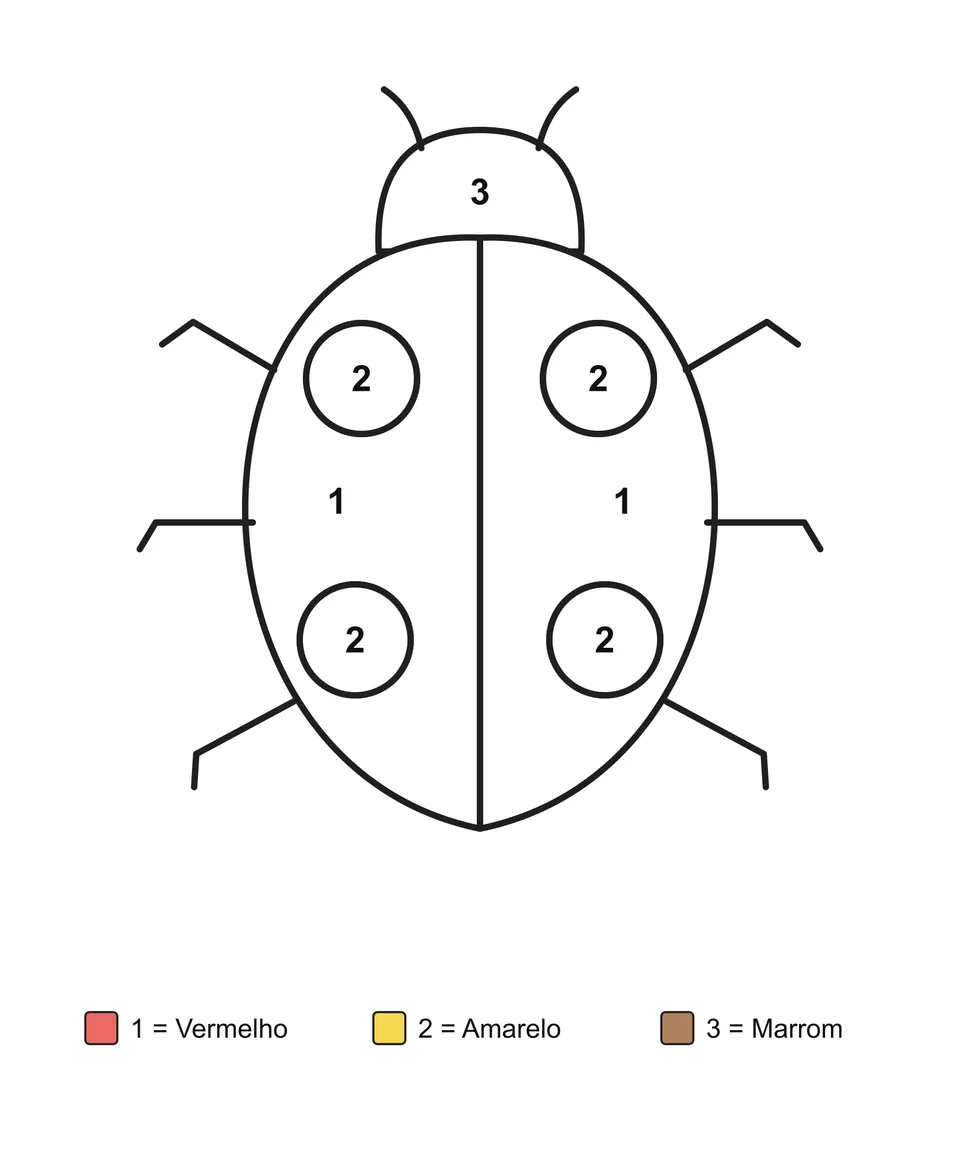 Uma joaninha com quatro pintinhas redondas, com áreas numeradas e legenda com os nomes das cores.