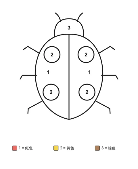 一隻有四個圓斑點的瓢蟲，各區塊標有數字，下方附有寫明顏色名稱的色號表。