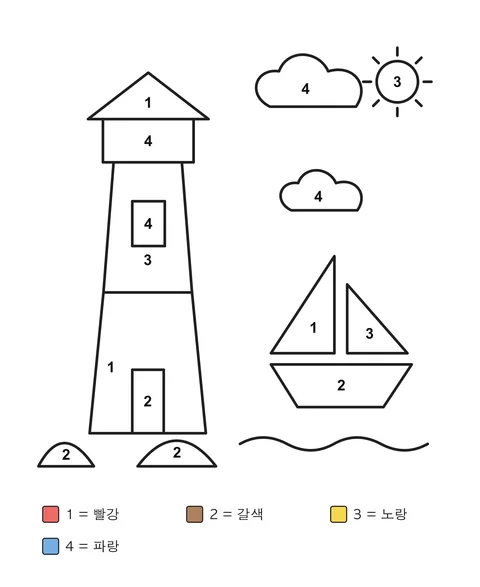 숫자 색칠 도안: 등대와 돛단배, 구름과 파도, 물가의 바위.