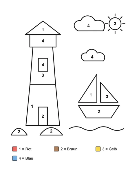 Malvorlage mit Zahlen: Ein Leuchtturm und ein Segelboot, dazu Wolken, Wellen und Felsen am Ufer.
