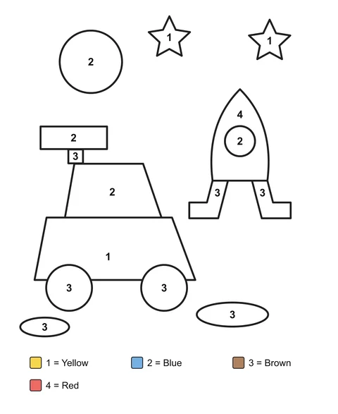 Numbered coloring sheet: A wheeled rover and a rocket-shaped craft beneath a planet and stars.