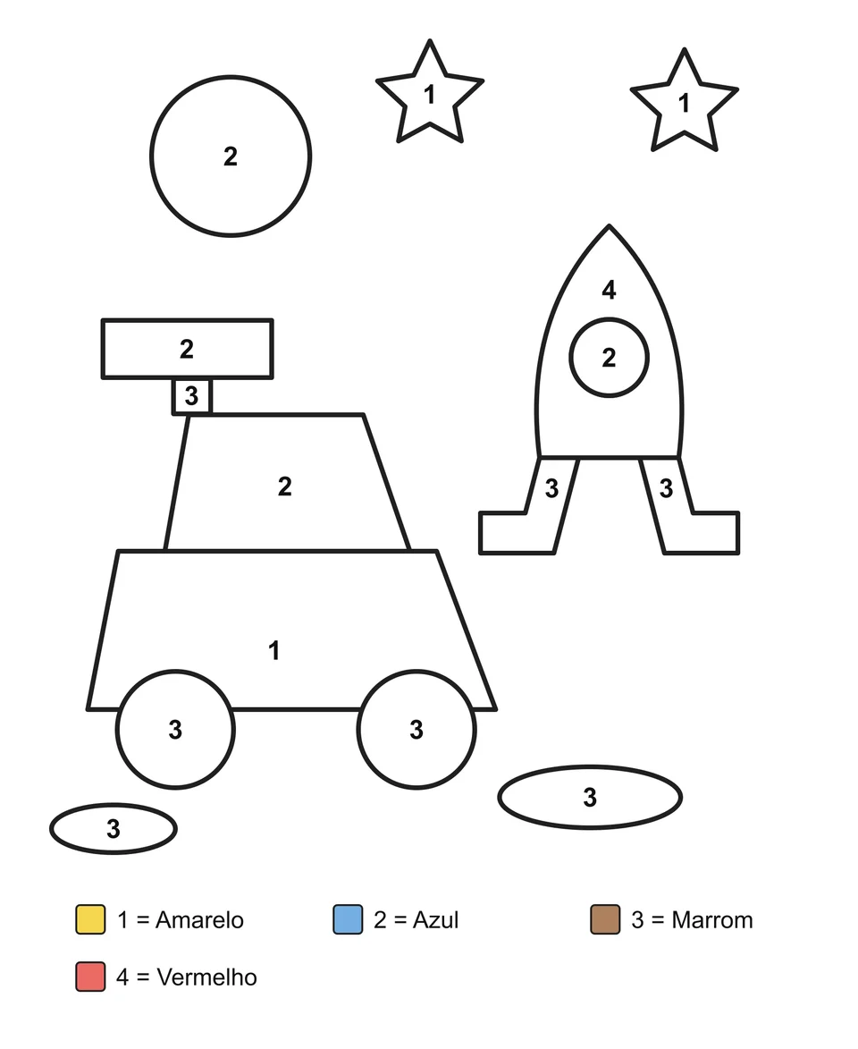 Desenho para colorir por números: Um veículo com rodas e uma nave em forma de foguete sob um planeta e estrelas.