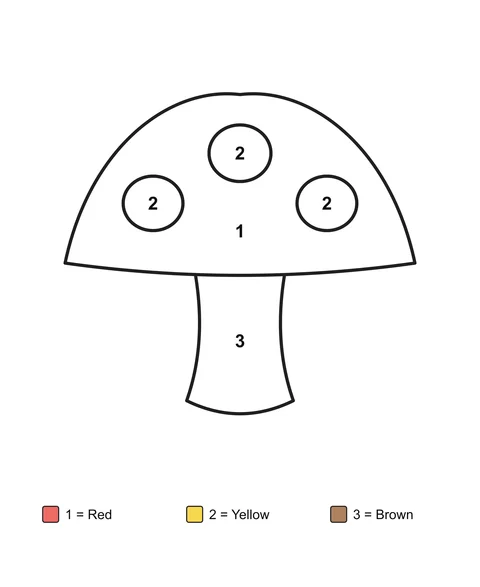 A mushroom with three spots on its cap, with numbered areas and a written color key.