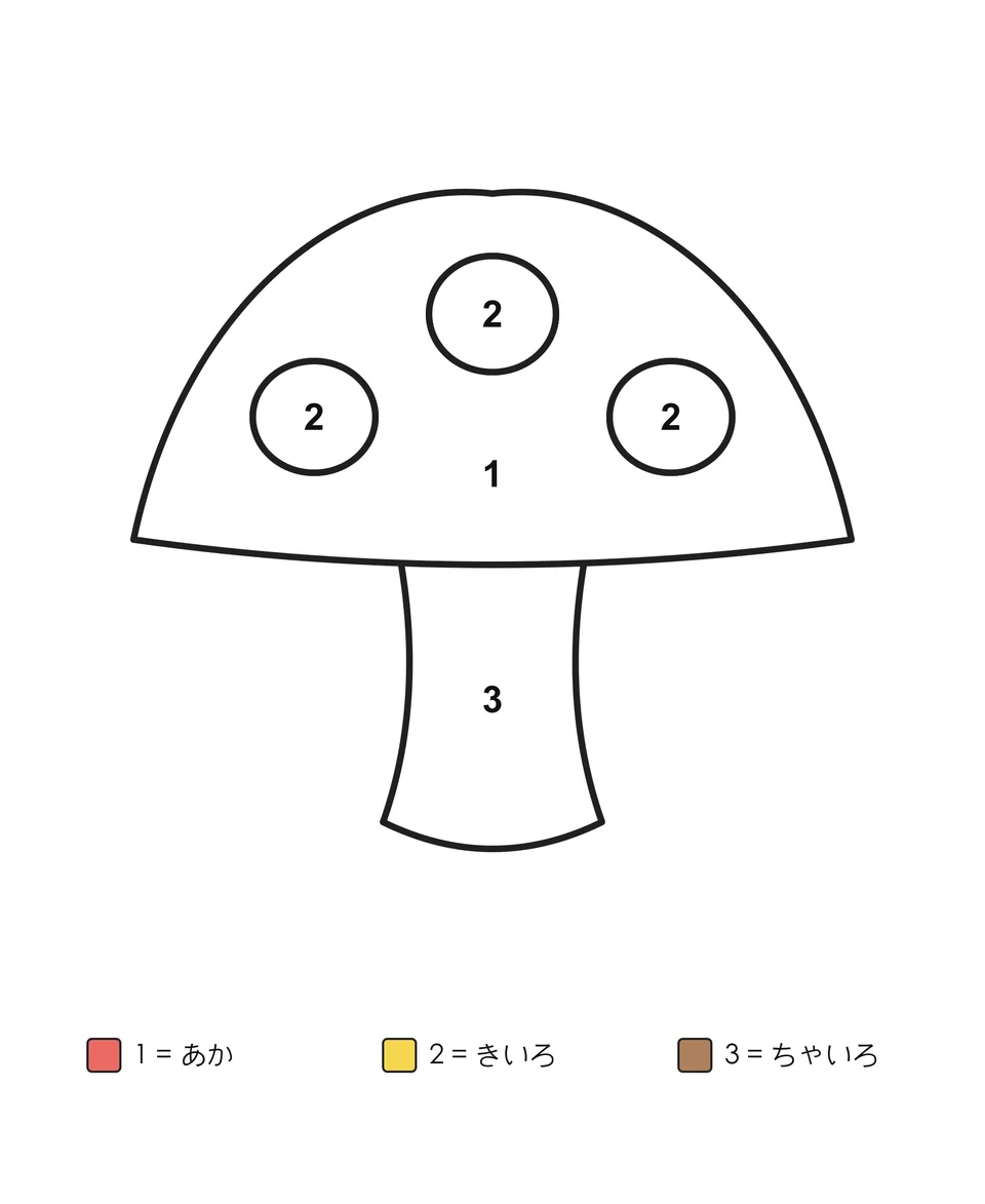 かさに丸い模様が3つあるきのこ。各部分に数字が入り、数字に対応する色の名前が下に書かれています。