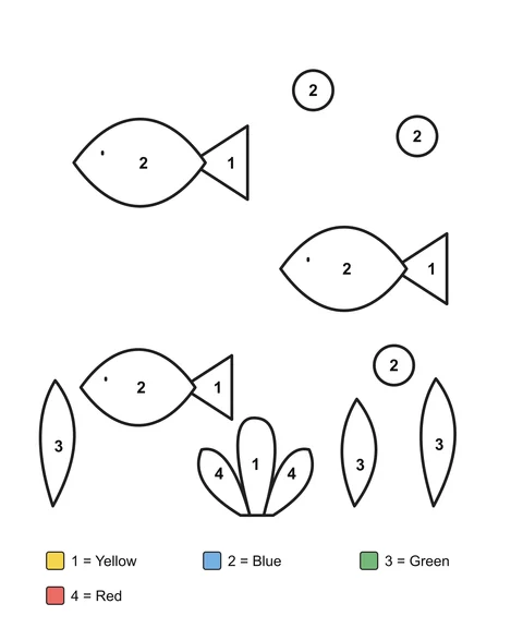 Numbered coloring sheet: Fish, bubbles, seaweed and a fan-shaped reef decoration.