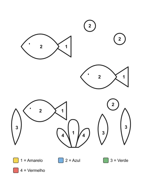 Desenho para colorir por números: Peixes, bolhas, algas e uma forma marinha em leque.