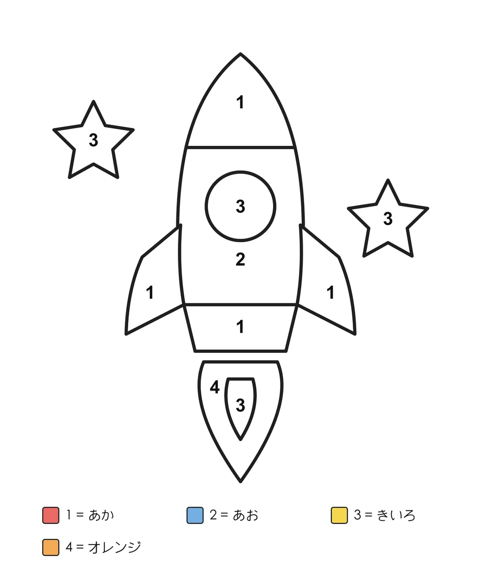丸い窓と炎があるロケットと2つの星。各部分に数字が入り、数字に対応する色の名前が下に書かれています。