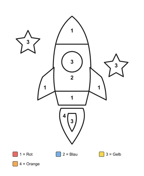 Eine Rakete mit rundem Fenster, Flammen und zwei Sternen, mit nummerierten Feldern und ausgeschriebenen Farbnamen.