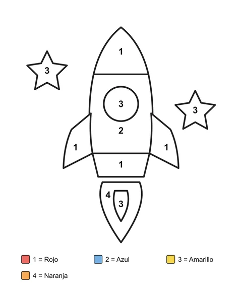 Un cohete con ventana redonda, llamas y dos estrellas, con zonas numeradas y una clave de colores escrita.