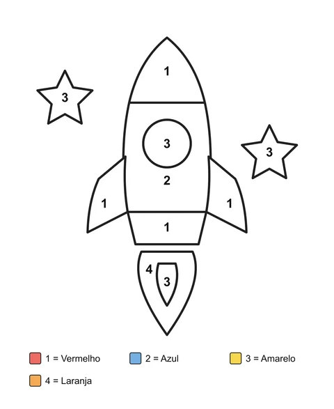 Um foguete com janela redonda, chamas e duas estrelas, com áreas numeradas e legenda com os nomes das cores.