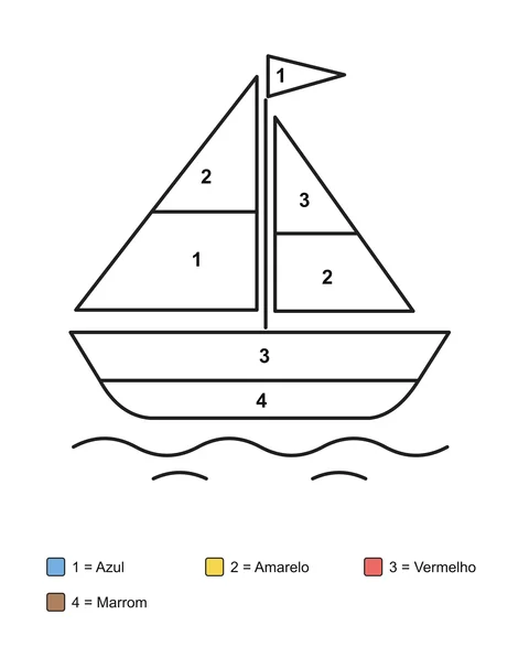 Um veleiro com velas divididas em áreas e uma bandeirinha, com áreas numeradas e legenda com os nomes das cores.