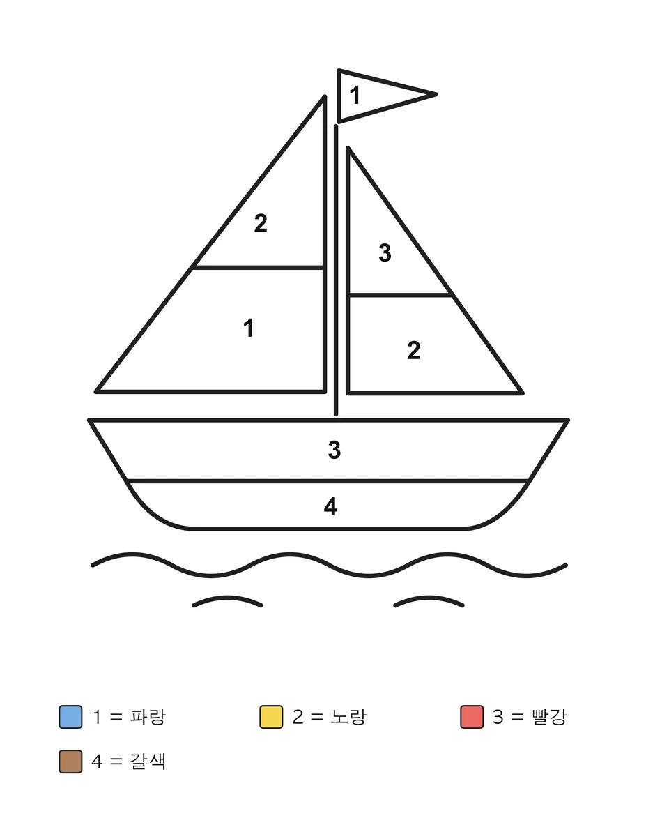 돛이 여러 구역으로 나뉘고 작은 깃발이 달린 돛단배. 각 구역에 숫자가 있고 아래 색상표에 색 이름이 적혀 있어요.