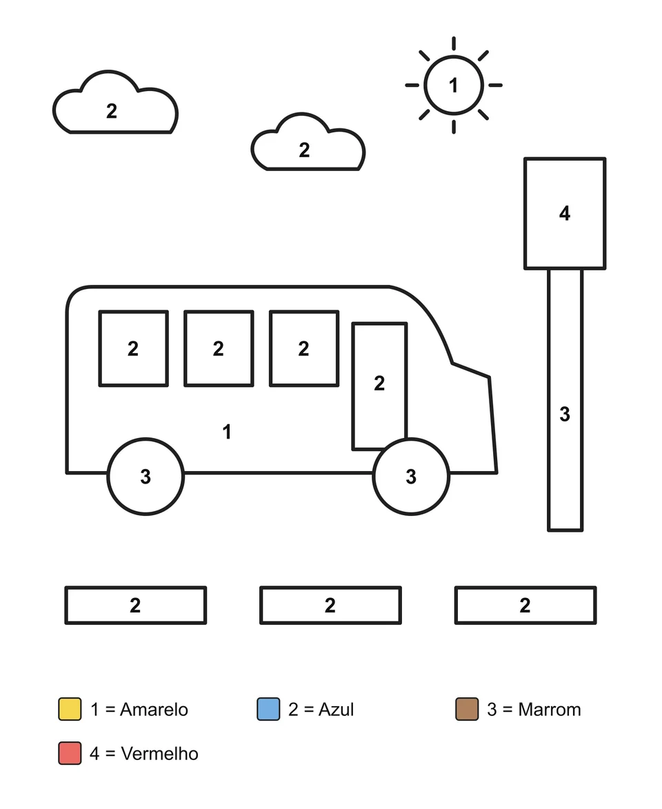 Desenho para colorir por números: Um ônibus escolar ao lado de uma placa, com nuvens e faixas na rua.