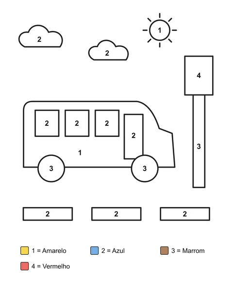 Desenho para colorir por números: Um ônibus escolar ao lado de uma placa, com nuvens e faixas na rua.