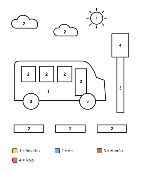Lámina para colorear por números: Un autobús escolar junto a una señal, con nubes y marcas en la calzada.