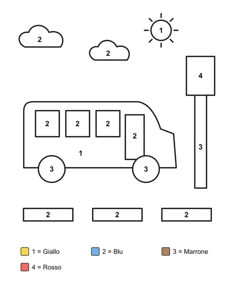 Disegno da colorare con i numeri: Uno scuolabus accanto a un cartello, con nuvole e segnaletica sulla strada.