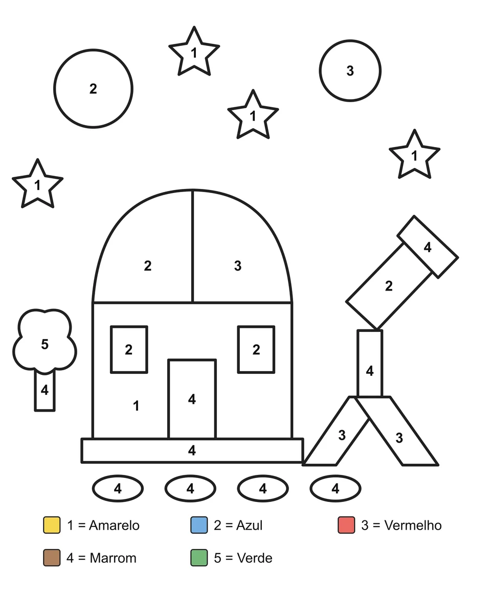 Desenho para colorir por números: Um observatório com cúpula e um telescópio sob planetas e estrelas.