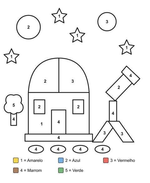 Desenho para colorir por números: Um observatório com cúpula e um telescópio sob planetas e estrelas.