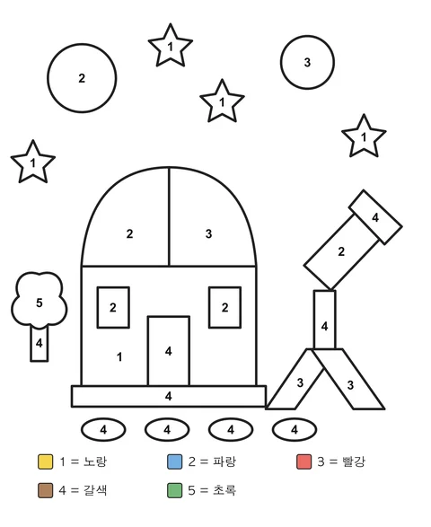 숫자 색칠 도안: 돔 모양 천문대와 망원경, 하늘의 행성과 별.
