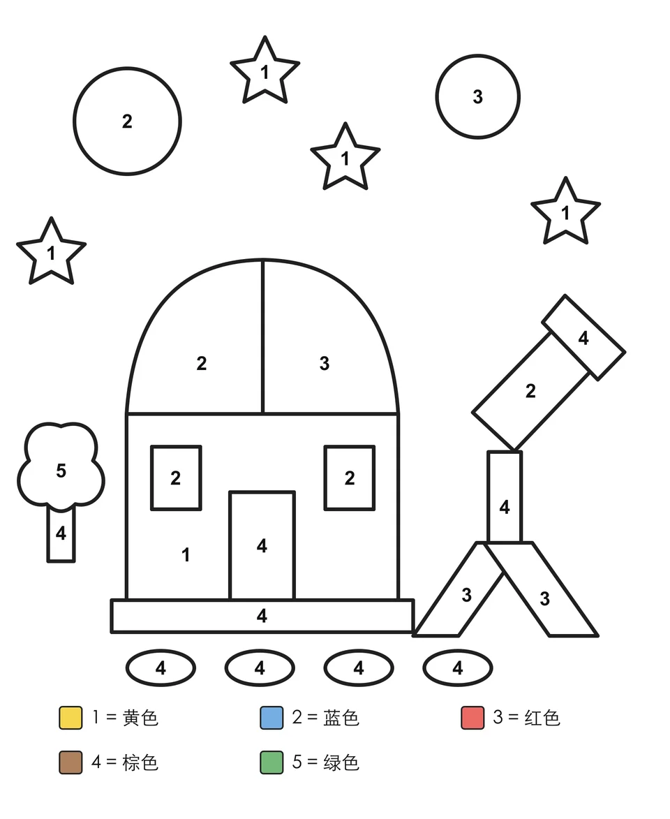 数字涂色图：圆顶天文台和望远镜，天空中有行星和星星。