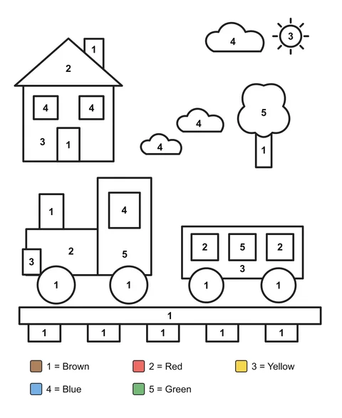 Numbered coloring sheet: A train and carriage on tracks beside a station and a tree.