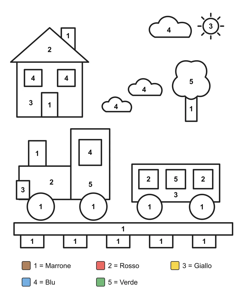Disegno da colorare con i numeri: Un treno con un vagone sui binari, vicino a una stazione e a un albero.