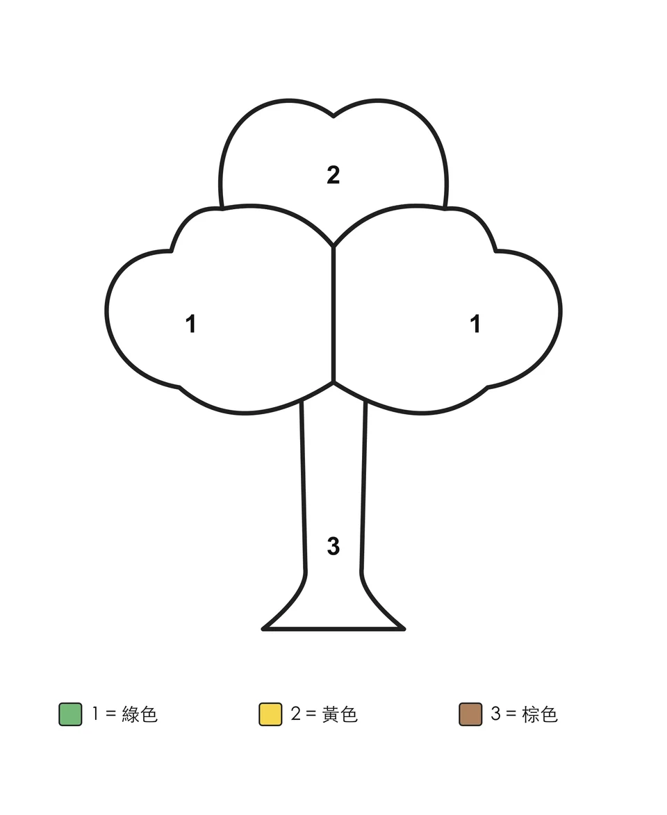 一棵有樹幹、樹冠分成三團的大樹，各區塊標有數字，下方附有寫明顏色名稱的色號表。