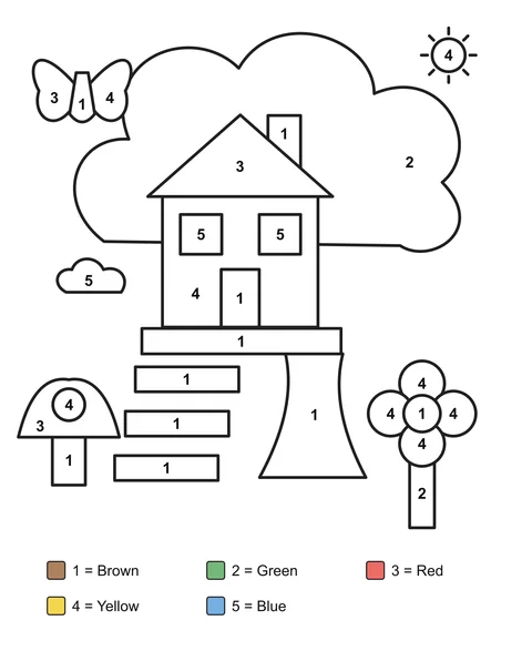 Numbered coloring sheet: A treehouse with steps, a flower, a mushroom and a butterfly.